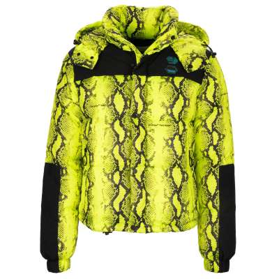 Snake Print Hooded Fluo Puffer Down Jacket with Logo Yellow XS