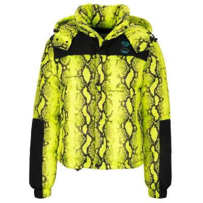 Fluo Daunenjacke mit Kapuze, Schlangen-Print und Logo Gelb XS