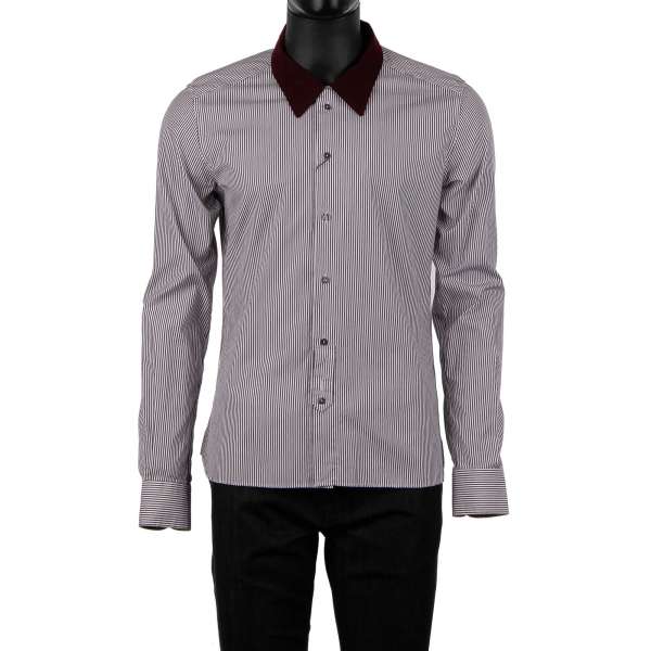 Striped cotton shirt SICILIA with long contrast cord collar in bordeaux and white by DOLCE & GABBANA
