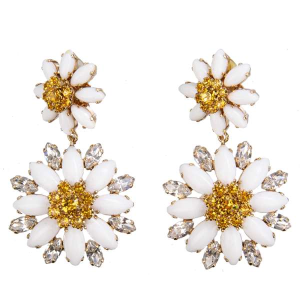 "Fiori" marguerite flower Clip Earrings adorned with crystals in white and yellow by DOLCE & GABBANA
