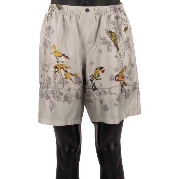 Silk Shorts with birds print, logo patch and back pocket in gray by DOLCE & GABBANA