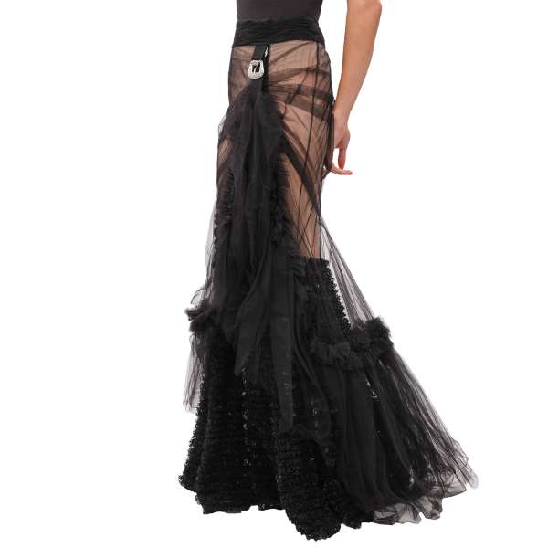 Baroque style ruffled tulle and lace skirt with belt in black and beige by DSQUARED2
