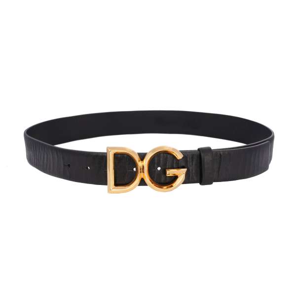 Horse leather belt with DG metal buckle in black and gold by DOLCE & GABBANA
