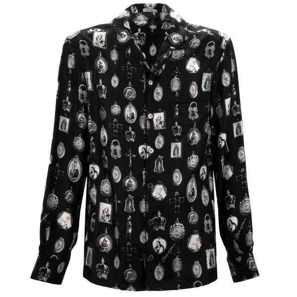Silk shirt with Maria Cross Heart Crown pendant print and front pocket in black and white  by DOLCE & GABBANA