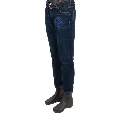 Off-White Virgil Abloh Cropped Slim Low Crotch Jeans with Belt and Logo Blue 33