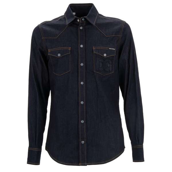 Jeans / Denim shirt with DG Logo and two front pockets in dark blue by DOLCE & GABBANA