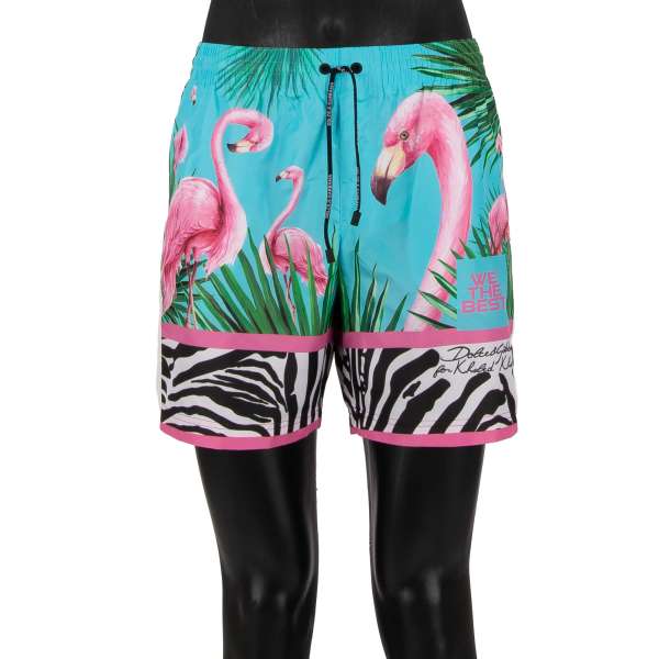 Beachwear swim shorts with flamingo and logo print, pockets, log patch and built-in-brief by DOLCE & GABBANA x DJ KHALED Beachwear