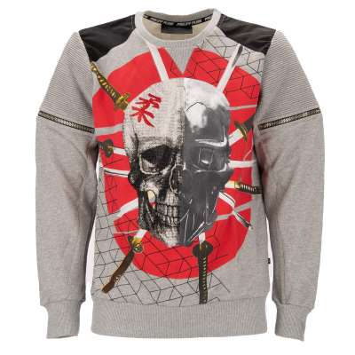 Sweater APPEAR with Crystals Skull and Zip Details Gray Red XL