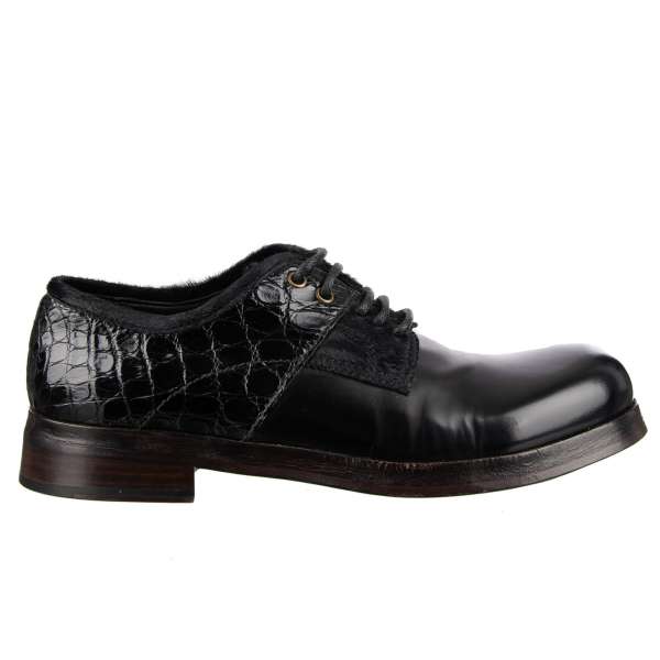 Exclusive stable patchwork Fur, Caiman Leather and Horse Leather derby shoes SAN PIETRO in black by DOLCE & GABBANA