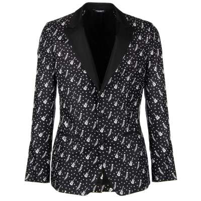 Music Instruments Printed Silk Tuxedo Blazer Black White