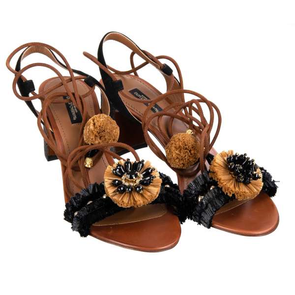 KEIRA straw and leather Sandals / Pumps with crystals and leather pom poms straps in black and brown by DOLCE & GABBANA Black Label