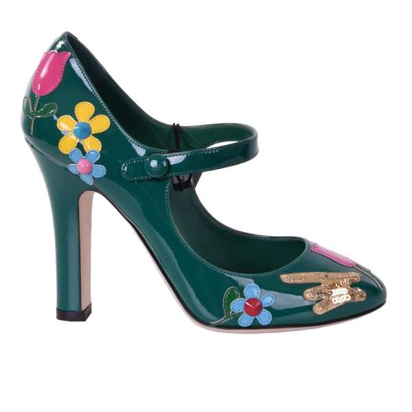 Lackleder Mary Jane Pumps mit Blumen Applikationen aus Leder und Pailletten von DOLCE & GABBANA Black Label