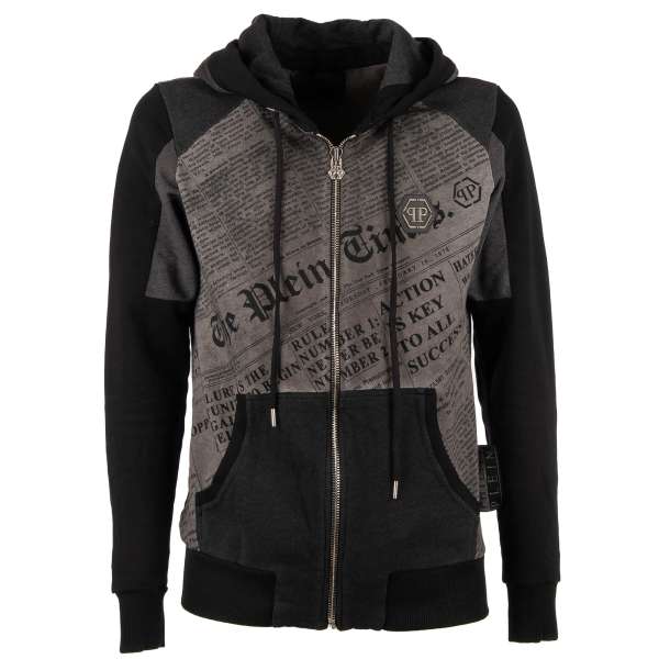 Sweatjacke / Hoodie MY BREATHE mit Zeitung und Totenkopf Print und Logo von PHILIPP PLEIN