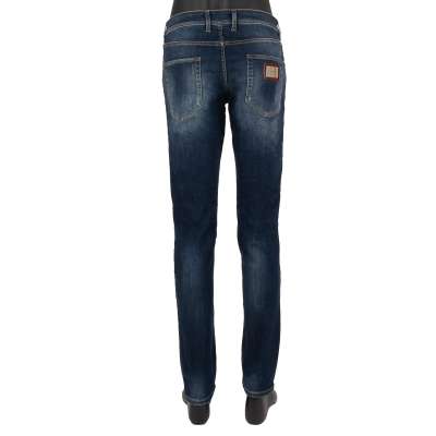 Distressed 5-Pockets Jeans Hose Slim Metall Logo Schild Silber Blau 52 L