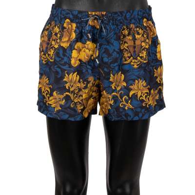 Floral Baroque Printed Beachwear Swim Shorts Blue Gold 5 L