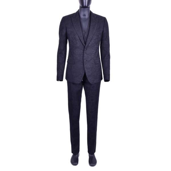 Floral brocade 3-pieces suit with silk contrast reverse stripes by DOLCE & GABBANA Black Line