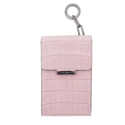 DG Logo Chain Crocodile Leather Pouch Bag Pink Silver