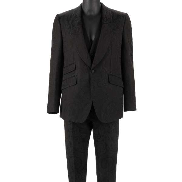  Baroque pattern jacquard 3 piece suit with shawl lapel in black by DOLCE & GABBANA 
