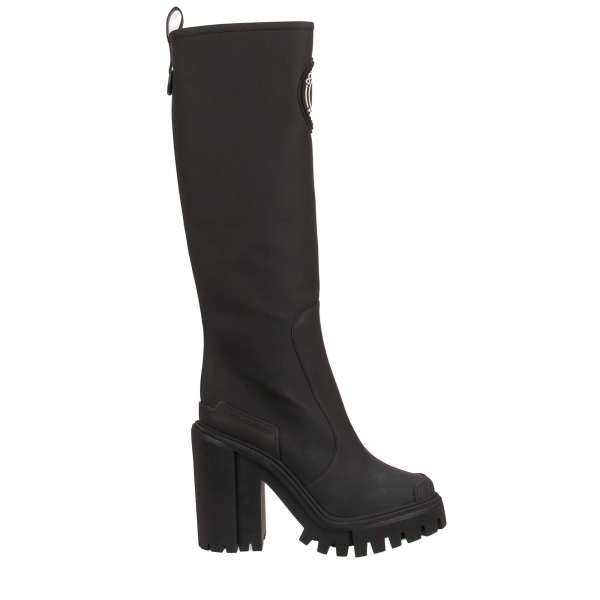 Plateau Faux Rubber Leather Blend Hi Trekking Heels Boots with DG logo in front in black by DOLCE & GABBANA