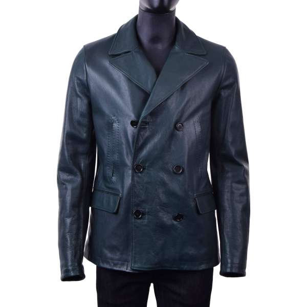 Double-breasted, stuffed lamb leather jacket with a wide collar by DOLCE & GABBANA Black Line