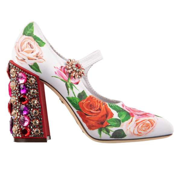 Leather and Fabric High Heel Pumps VALLY with Roses Print, crystals embellished heel and  crystals brooch in pink and white by DOLCE & GABBANA