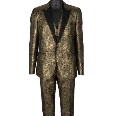 Barock Jacquard Anzug Sakko Weste Jacke Hose Gold Schwarz 50 M L 