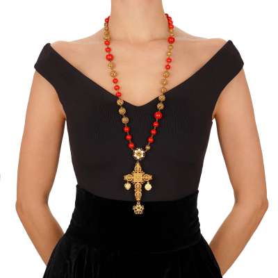 Sicilia Crystal Flower Filigree Cross Pearl Chain Necklace Gold Red