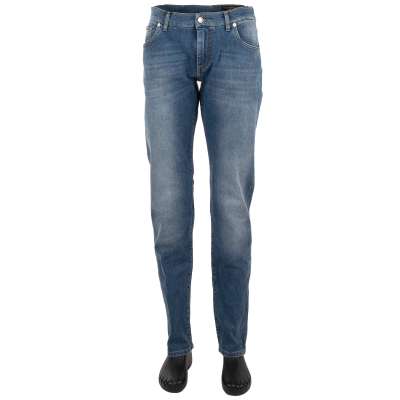 Stretch 5-Pockets Jeans GOLD mit Logo Schild Blau