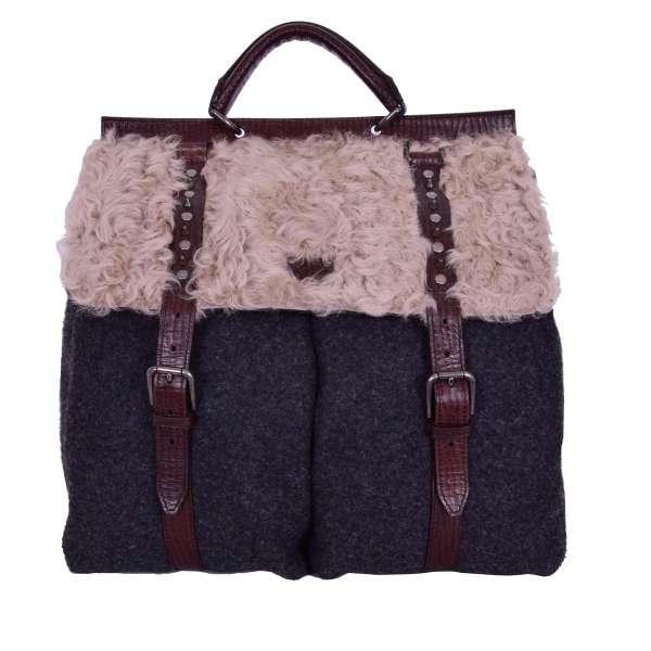 Travel bag / Weekender SICILY made of fur, leather and fabric with outer pockets, studs and logo plate by DOLCE & GABBANA