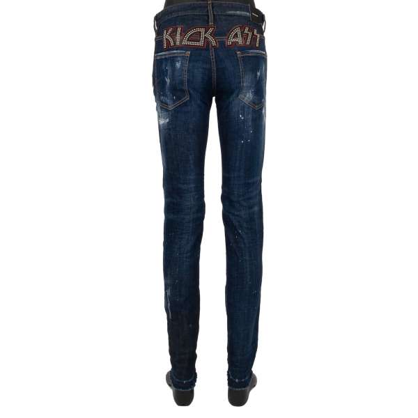 Distressed COOL GUY JEAN slim fit 5-pockets Jeans with KICK ASS Pearl Application on the back in blue by DSQUARED2