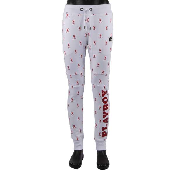 Jogging Trousers / Sporthose mit Skull Bunny Logo Print, PLAYBOY X PLEIN Schriftzug aus Strass und Logo Schild vorne von PHILIPP PLEIN x PLAYBOY