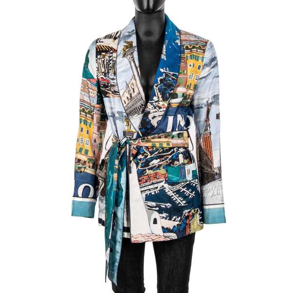 Porto Cervo Motive Printed Long Blazer Jacket made of silk with belt fastening and shawl collar by DOLCE & GABBANA