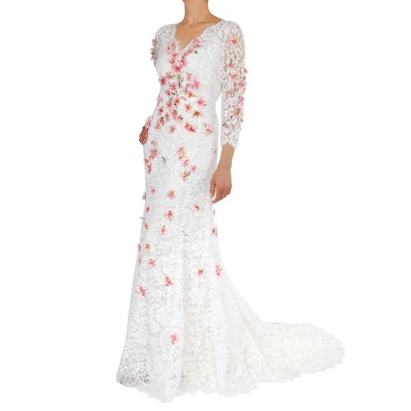 Long wedding dress with train, floral lace, silk underdress and cherry flower embroidery applications in pink and white by DOLCE & GABBANA