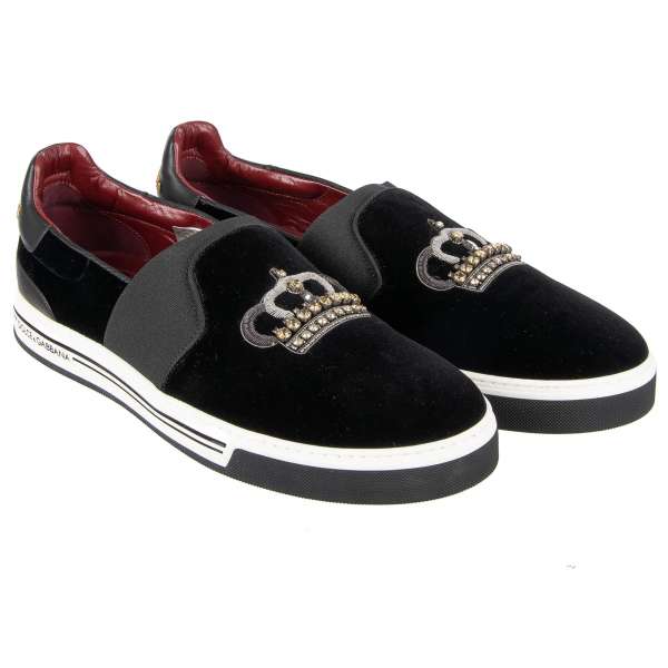 Velvet Slip-On Sneaker ROMA with embroidered crown with crystals by DOLCE & GABBANA