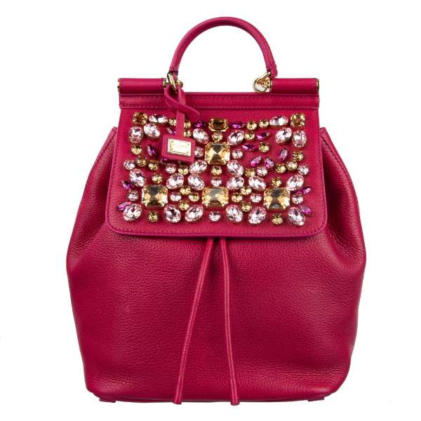 Rücksack MISS SICILY aus Leder mit Schmuck aus Kristallen, Logo Anhänger und Leopard Print Lining von DOLCE & GABBANA Black Label