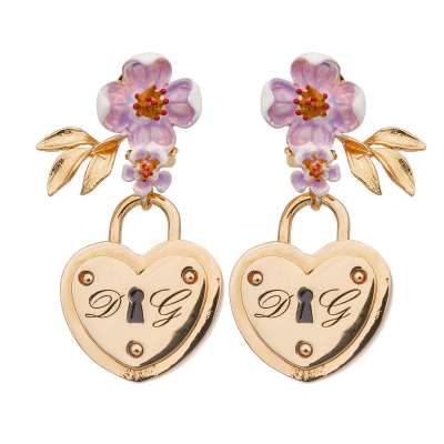 Cherry Flower Heart Locket Clip Earrings Gold Pink