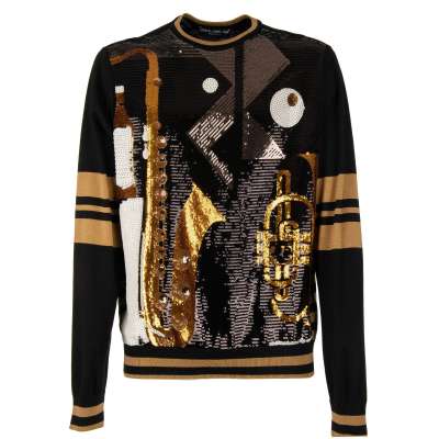 Sweater aus Seide mit Musikinstrumenten Motiv aus Pailletten Schwarz Gold