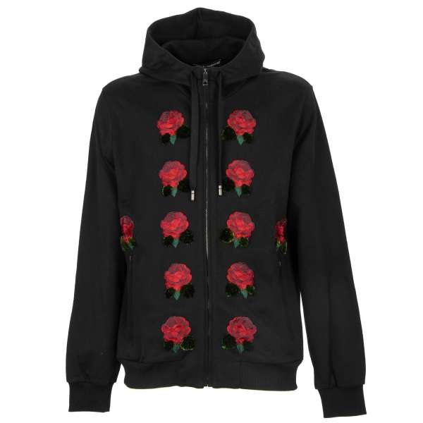Roses embroidery hooded jacket with zip closure and zip pockets by DOLCE & GABBANA