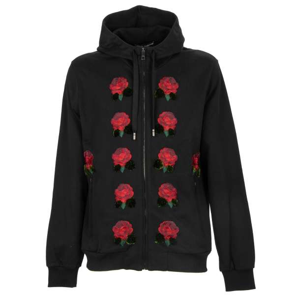 Hoodie Jacke / Kapuzenjacke mit Rosen Stickerei Patches und Taschen mit Reißverschluss von DOLCE & GABBANA