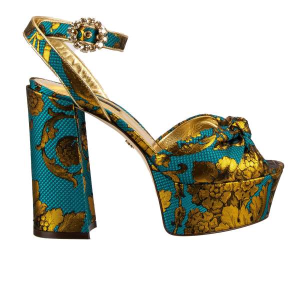 Baroque Jacquard Plateau Leather Sandals KEIRA with crystal buckle in blue and gold by DOLCE & GABBANA