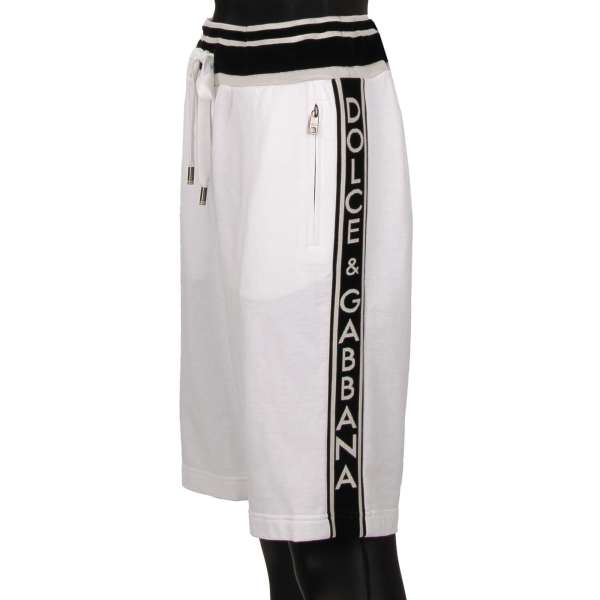 Cotton Sweatshorts with knitted contrast stripes, King DG logo, zip pockets in white by DOLCE & GABBANA