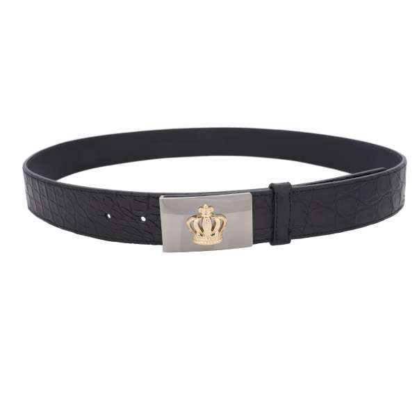 Gürtel aus Krokodilleder mit Krone Metall Rollschnalle in Gold, Silber und Schwarz von DOLCE & GABBANA