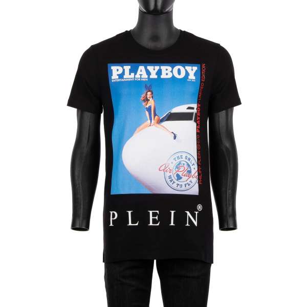 T-Shirt mit Magazin Cover von Amanda Booth / Stewardess und 'Playboy Plein' Schriftzug vorne und auf der Rückseite von PHILIPP PLEIN x PLAYBOY