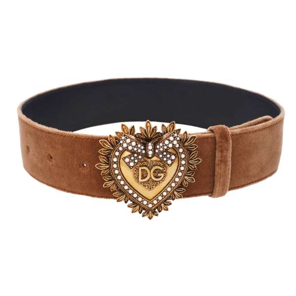 DEVOTION Gürtel aus Leder und Samt mit Metall Perlen Herz in Braun und Gold von DOLCE & GABBANA 