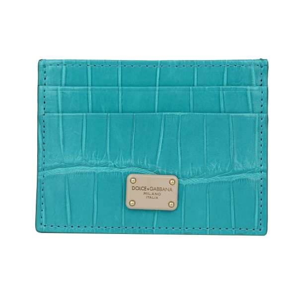 Crocodile leather cards etui wallet with DG logo plate in turquoise blue by DOLCE & GABBANA