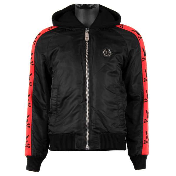 Gefütterte Nylon Jacke im Bomber-Stil mit Skull Bunny Print, abnehmbarer kapuze, Strick-Kragen und Philipp Plein Playboy Logos von PHILIPP PLEIN x PLAYBOY
