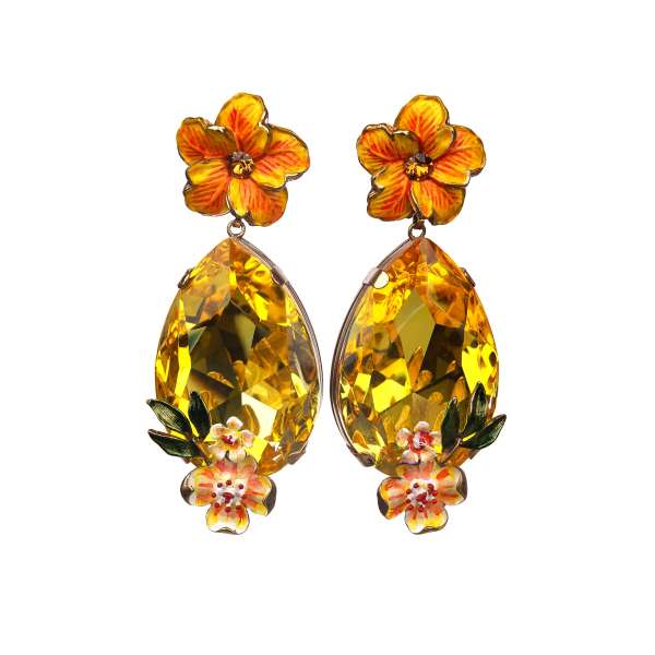 "Fiori" Clip Earrings adorned with crystals and hand-painted flowers in orange, yellow and gold by DOLCE & GABBANA