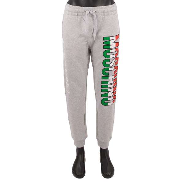 Cotton Sweatpants / Jogger Trousers with Italian flag logo, elastic waist and pockets in gray by MOSCHINO COUTURE