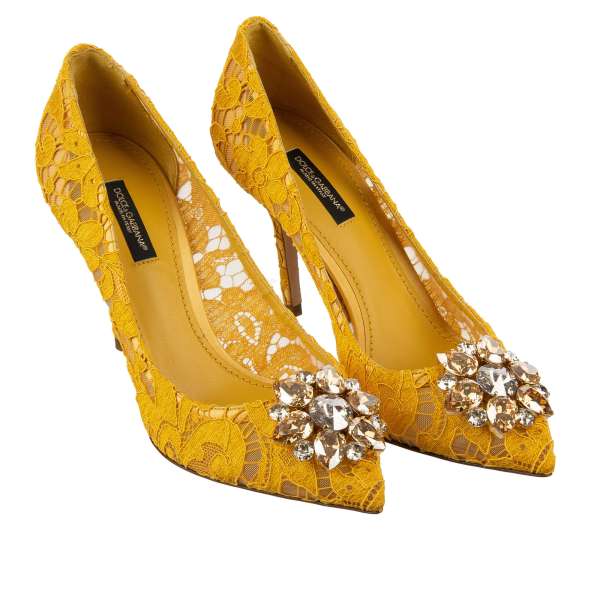 aormina lace pointed Pumps BELLUCCI with crystals brooch in yellow by DOLCE & GABBANA
