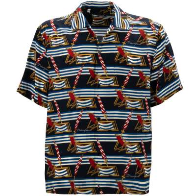 Striped Beach Theme Short Sleeve Silk Shirt Blue White Red